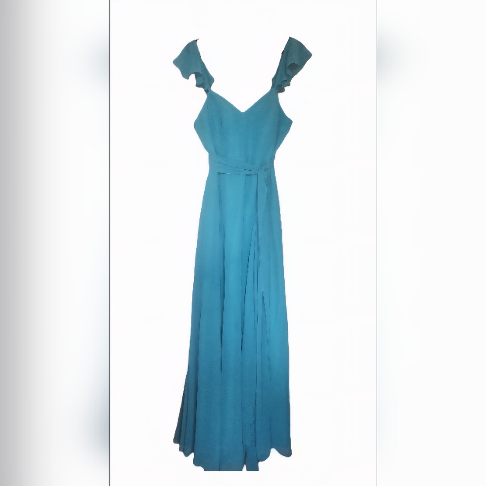 Azazie Teal Maxi Dress with Ruffle Sleeves